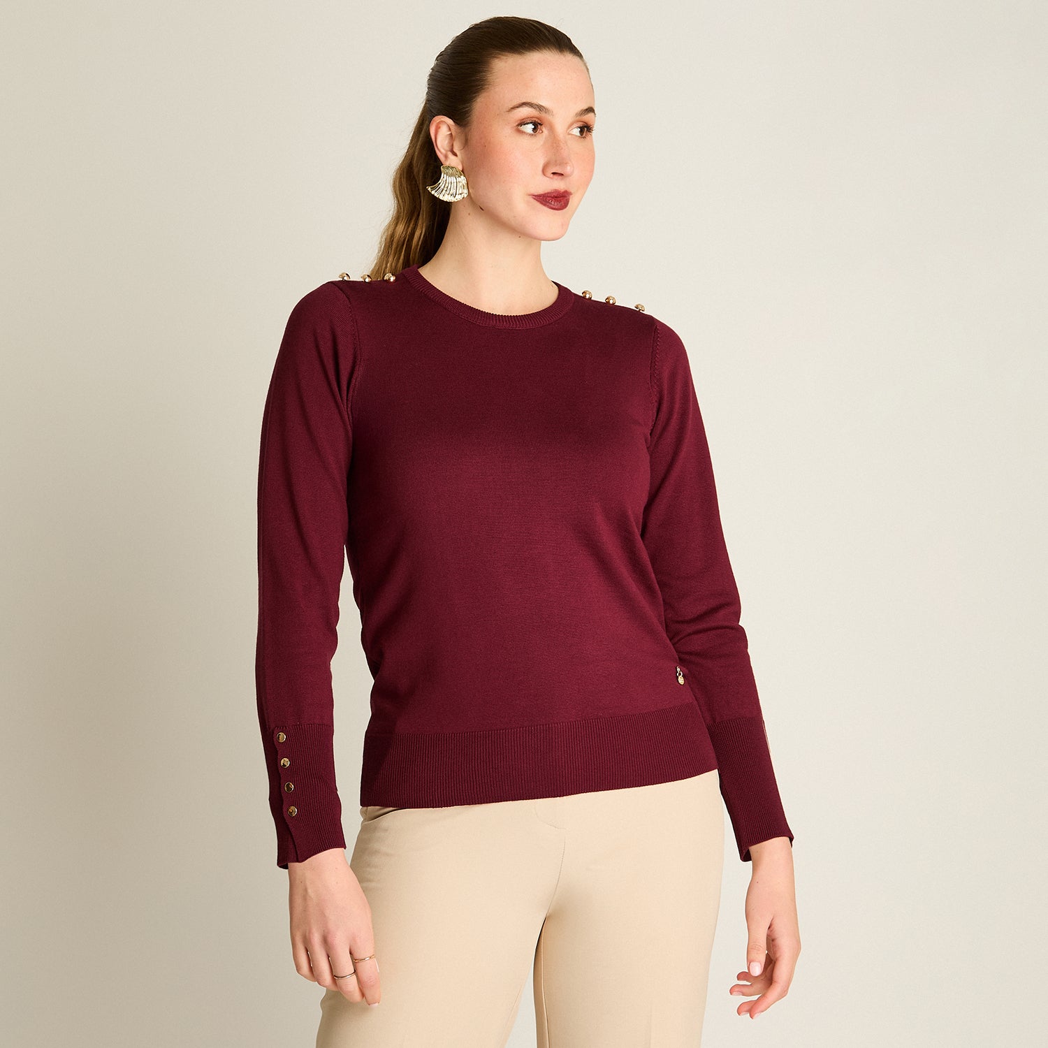 Sweater Burdeo Manga Larga Elasticidad Media Sin Forro Calce Normal Tela Tejido